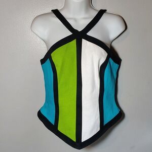 Linda Segal Geometric Colorblock Halter Top Corset Style Size 6 y2k 90's